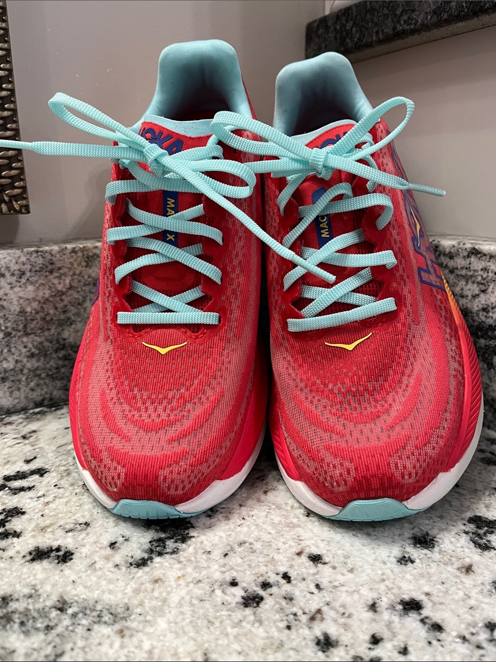 Like New Hoka Mach X Women's Red Running Shoes with Aqua Laces | Size 7